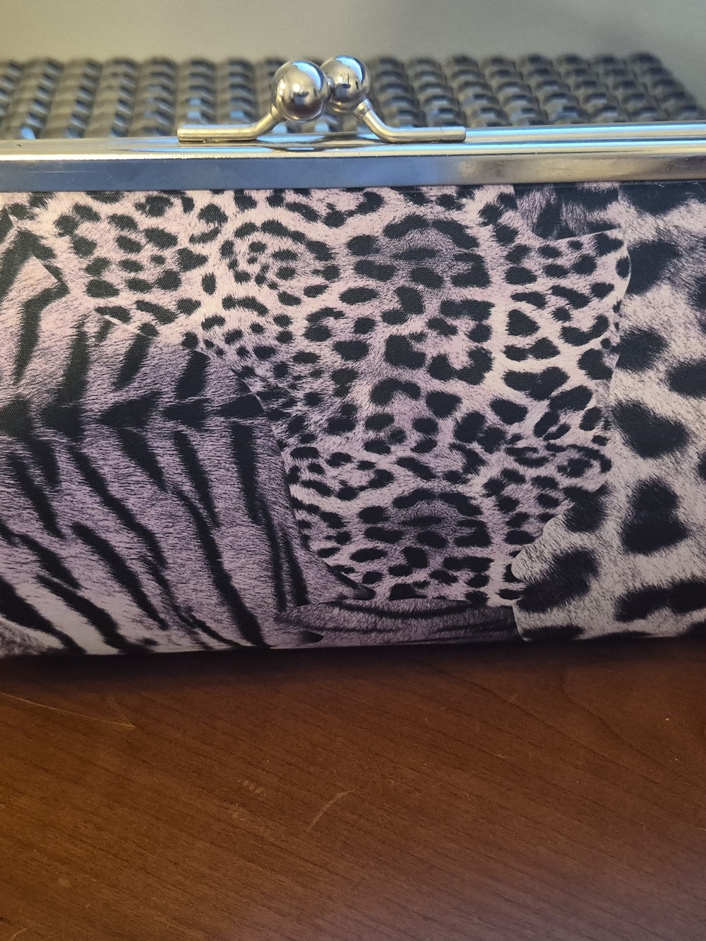 Animal Print Purple Clutch Bag with Silver Frame